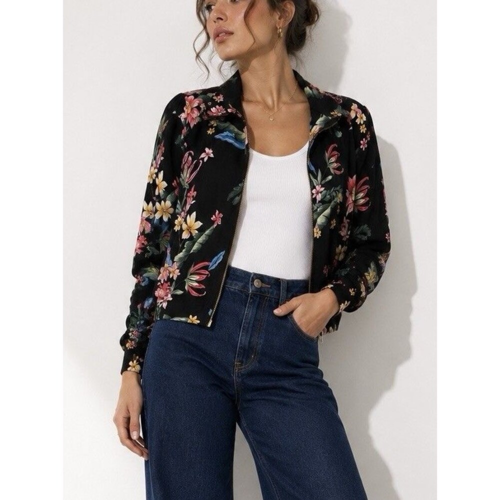 Zara Basic Tropical Floral Cropped Jacket XS Black Zip Front Lightweight Bomber